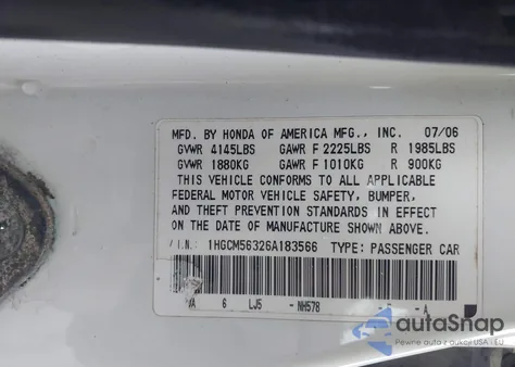 2006 Honda Accord 2.4 Se из США, поврежденный, VIN 1HGCM56326A183566